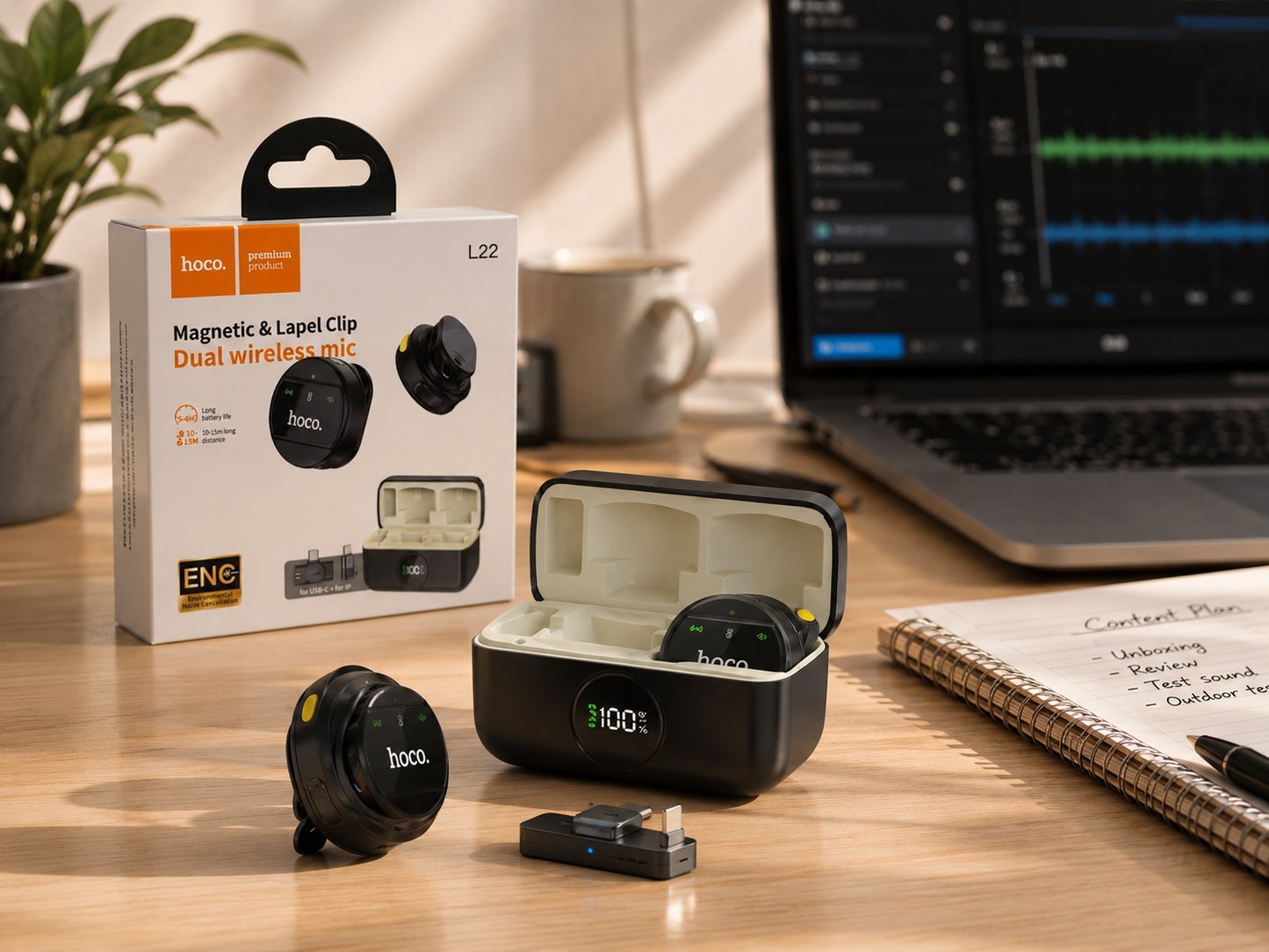 Hoco L22 Dual Wireless Microphone System – Magnetic & Lapel Clip with ENC Noise Cancellation