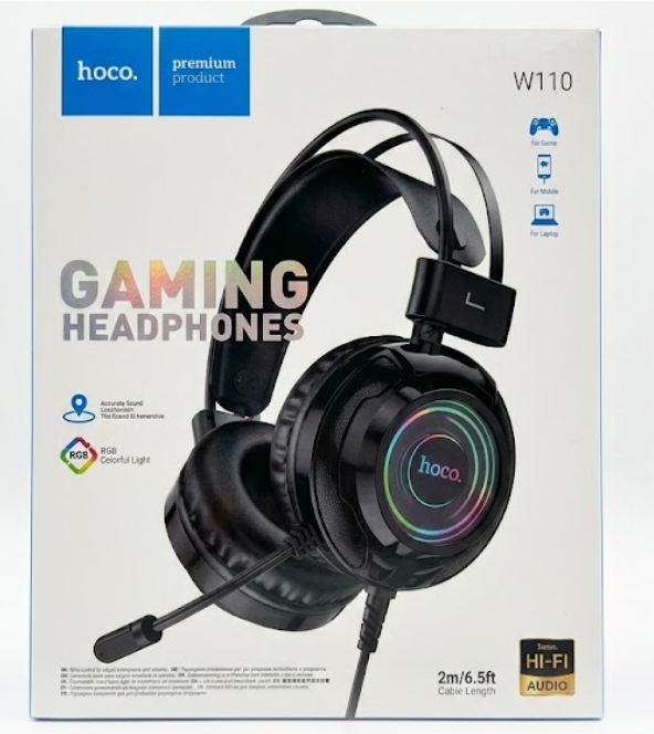 Hoco W110 Wired Gaming Headphones – Hi-Fi Audio with RGB Colorful Light & HD Microphone