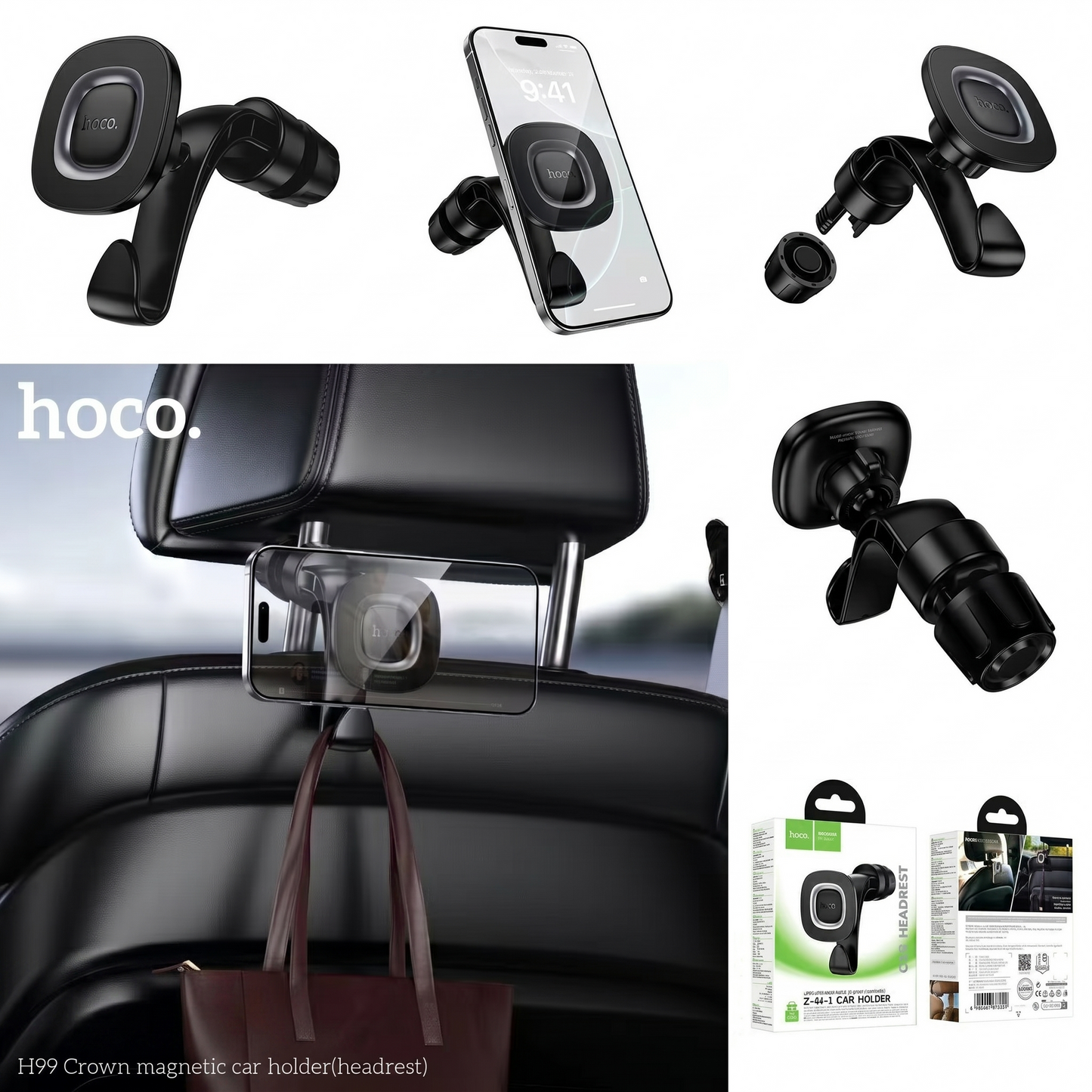 H99 2-in-1 Magnetic Car Headrest Holder – Load-Bearing Hook & Strong Magnet Smartphone Mount