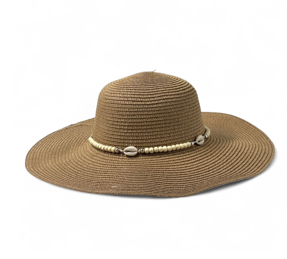 Seaside Serenity Beaded Shell Sun Hat (Brown)