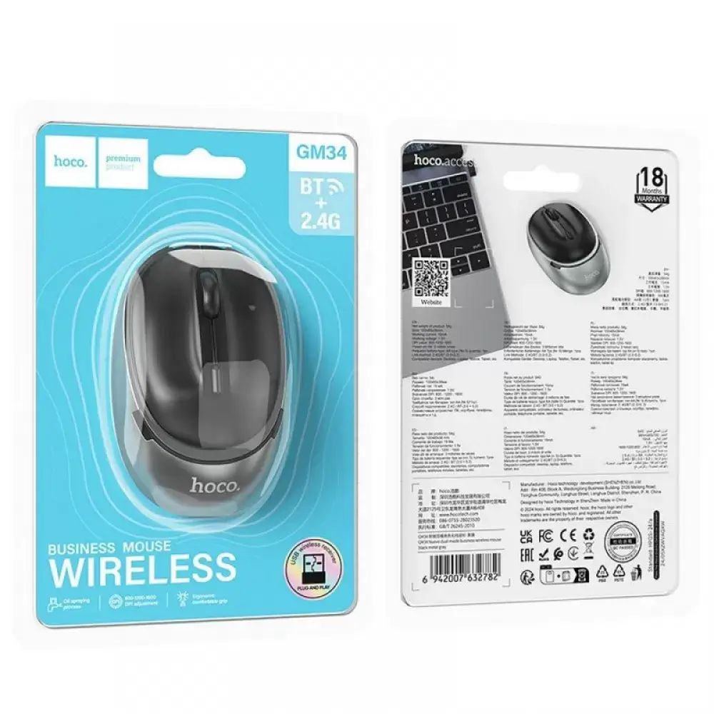 hoco. GM34 Dual-Mode Wireless Business Mouse – Bluetooth + 2.4G Connectivity – Ergonomic Precision (Black Metal Gray)