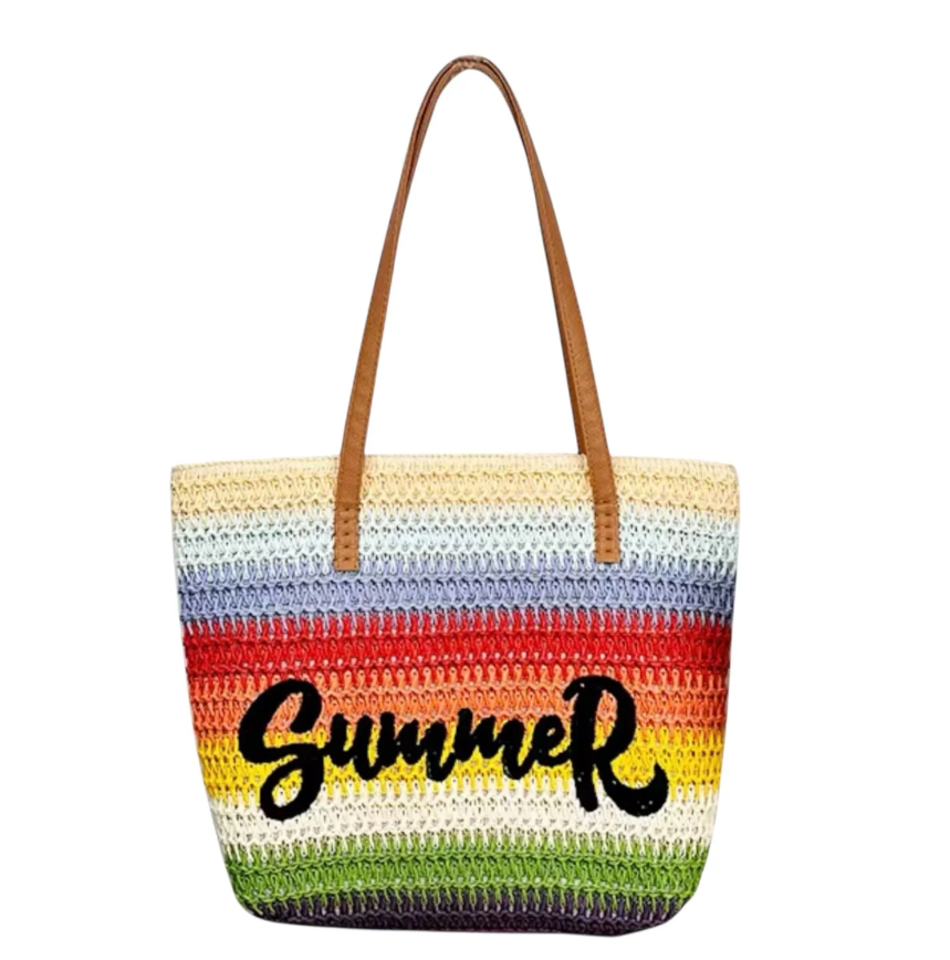 Vibrant Horizon: Rainbow Striped Woven Summer Tote