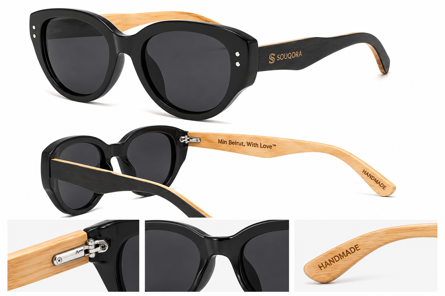 Souqora Retro Cat-Eye Bamboo Sunglasses - Polarized/Black UV400 Protection (C1)