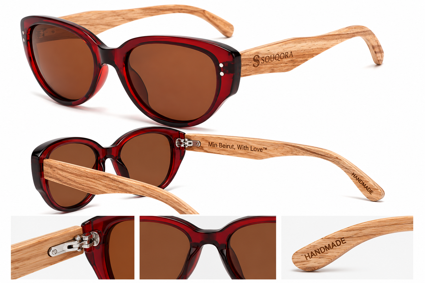 Souqora Retro Cat-Eye Bamboo Sunglasses - Polarized/Transparent Vintage Red UV400 Protection (C2))