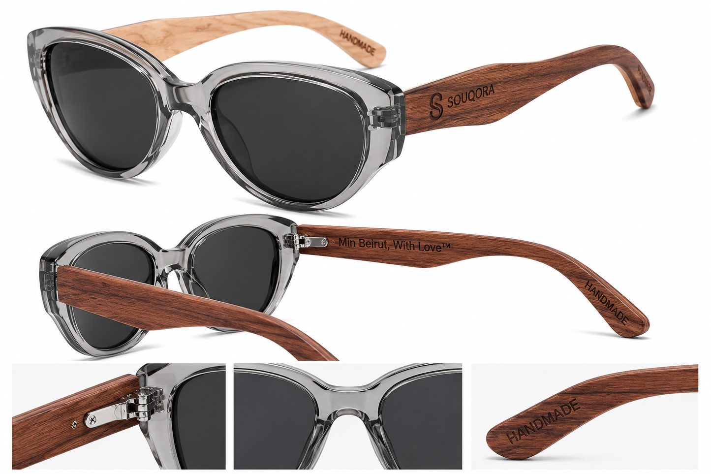 Souqora Retro Cat-Eye Bamboo Sunglasses - Polarized/Transparent Grey UV400 Protection (C5)
