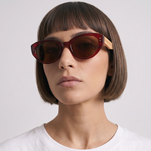 Souqora Retro Cat-Eye Bamboo Sunglasses - Polarized/Transparent Vintage Red UV400 Protection (C2))