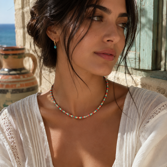 The Riviera Coral & Gold Beaded Choker