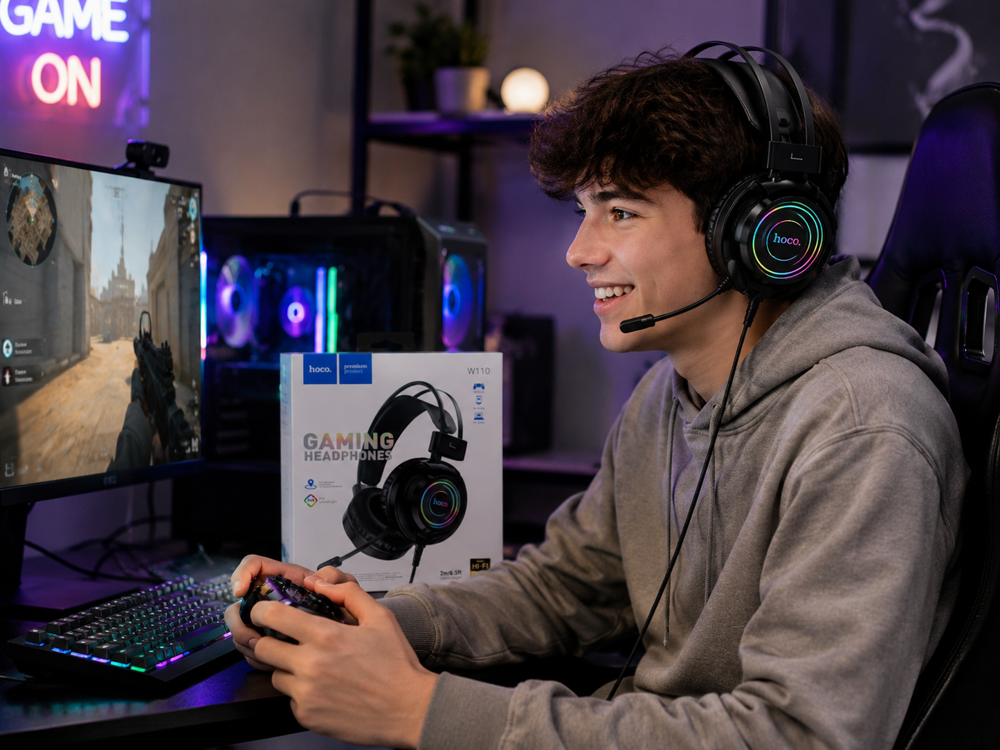 Hoco W110 Wired Gaming Headphones – Hi-Fi Audio with RGB Colorful Light & HD Microphone