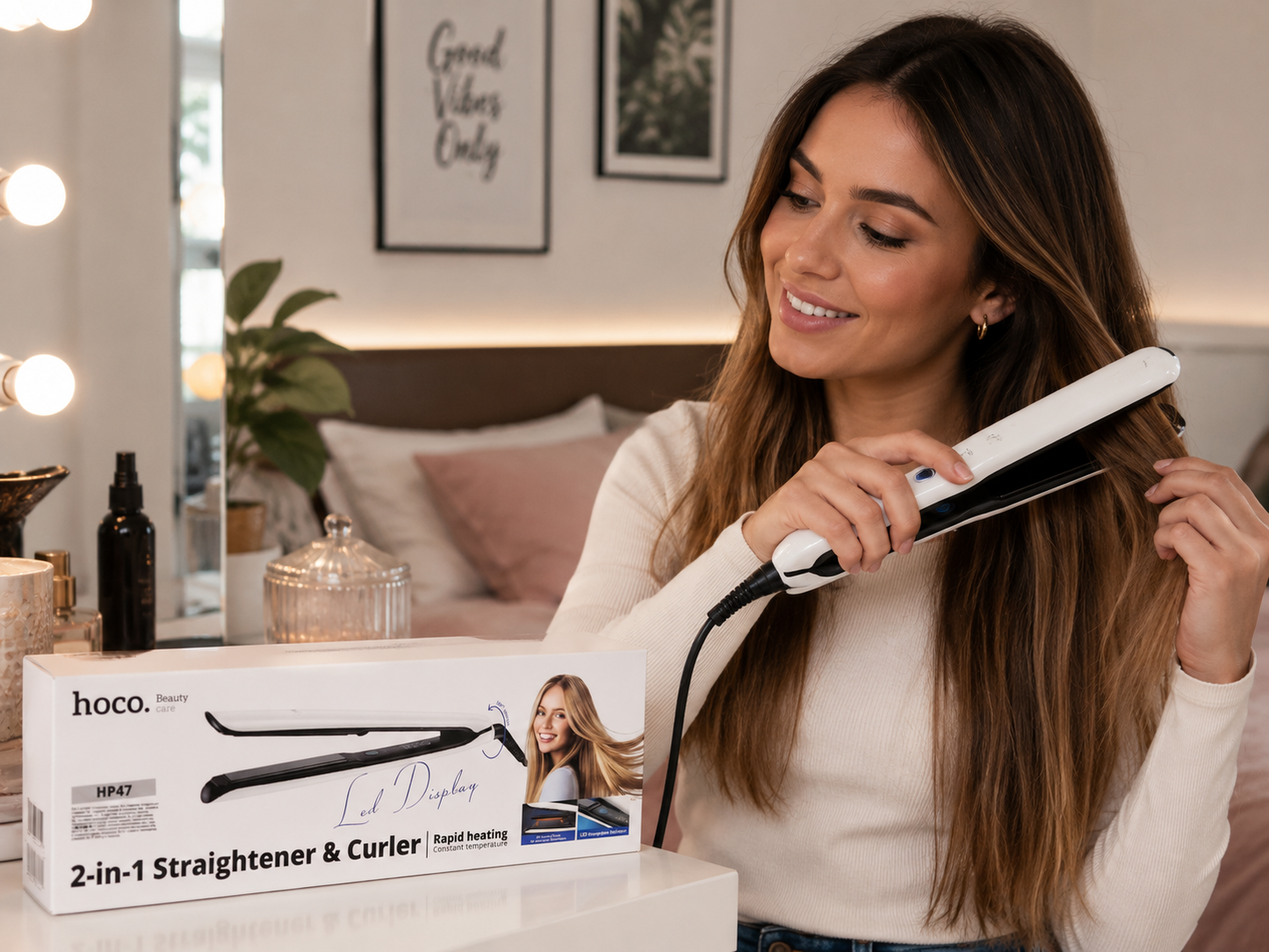 Hoco HP47 2-in-1 Hair Straightener & Curler – Rapid Heating with LED Temperature Display
