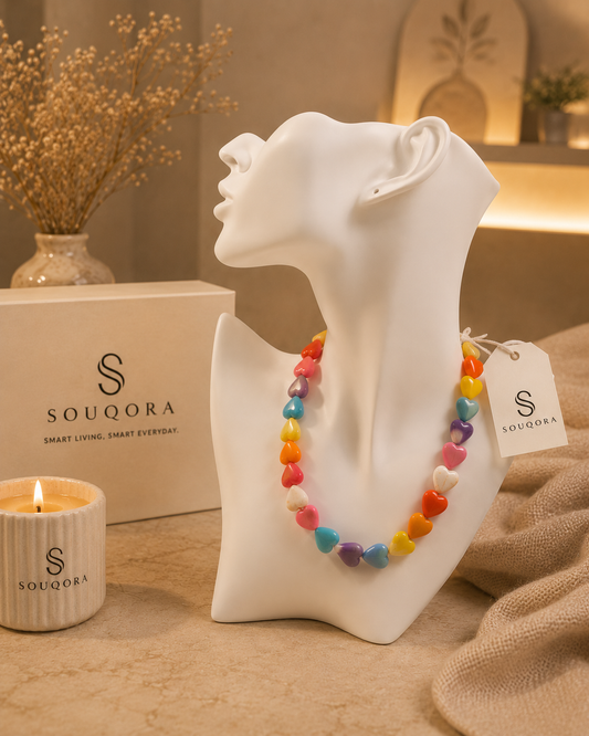 Chromatic Heart Semi-Precious Necklace – 10mm Hand-Carved Multi-Color Stone Beads (38cm)