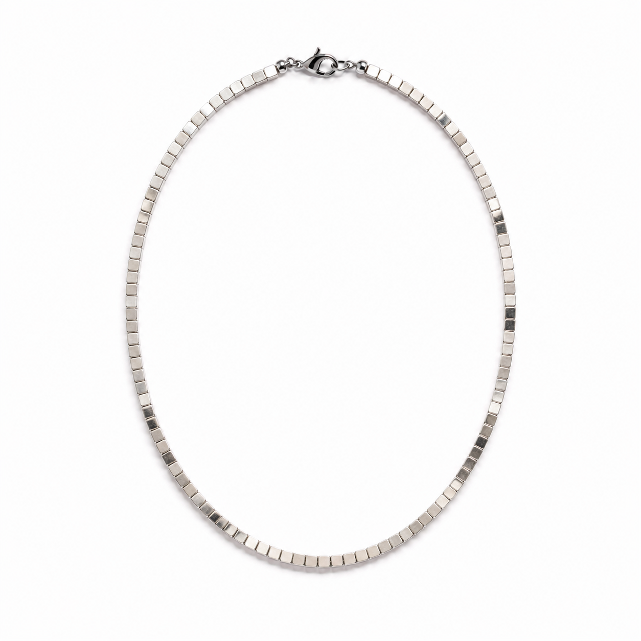 Chrome Sizzle 40cm Necklace – 4x4mm Geometric Semi-Precious Hematite – Tempting Metallic Edition