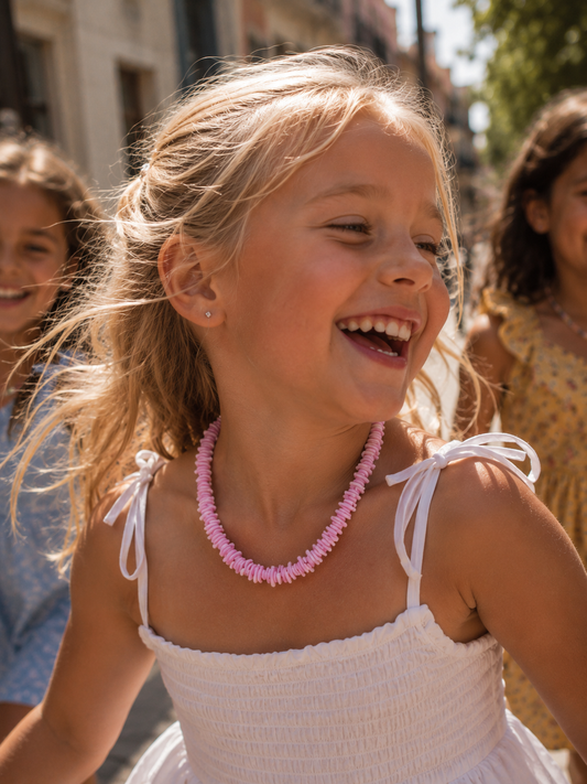 Pink Sunset Shell Necklace – 8mm Semi-Precious Stone Disk Beads – Summer Happy Collection