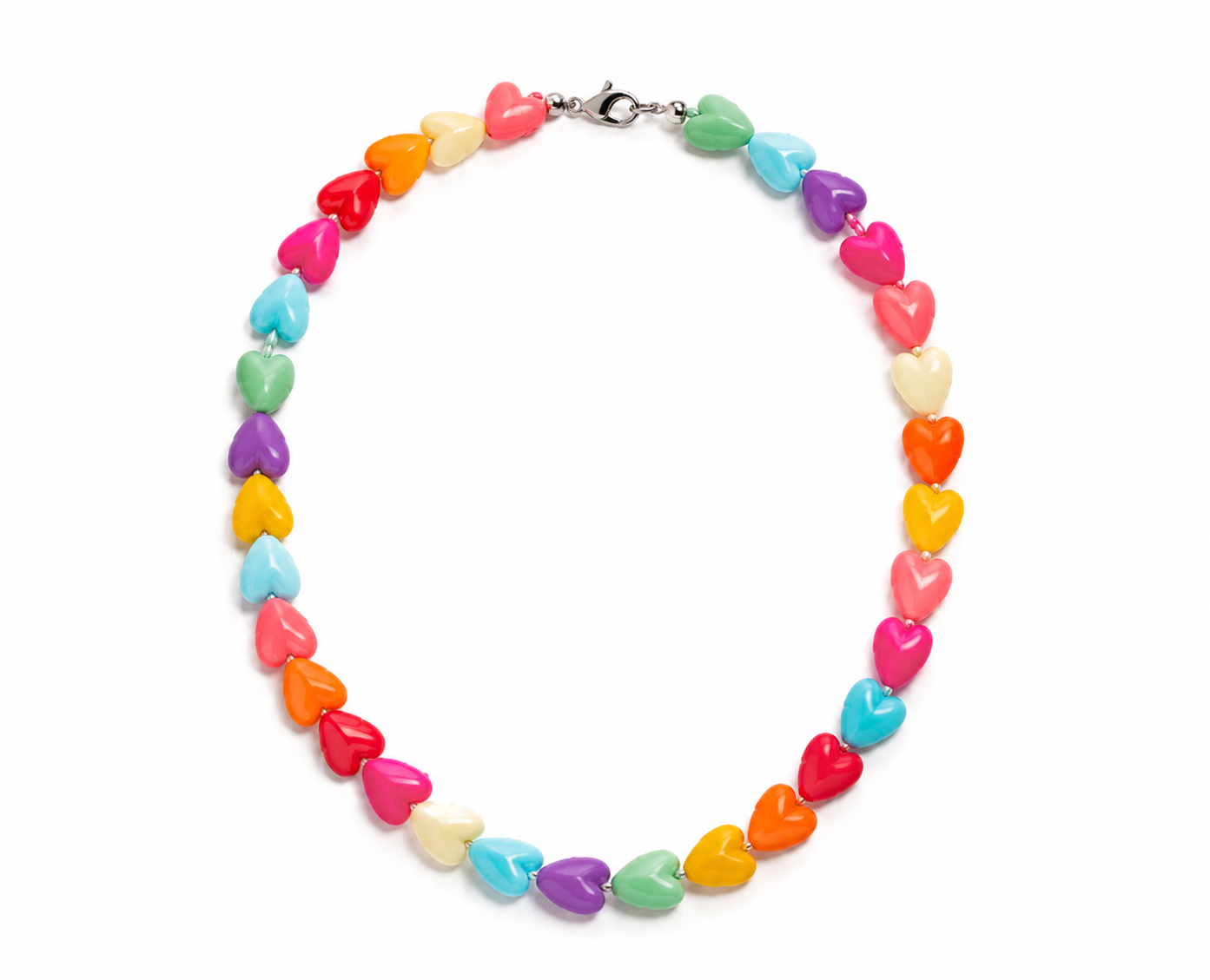 Chromatic Heart Semi-Precious Necklace – 10mm Hand-Carved Multi-Color Stone Beads (38cm)
