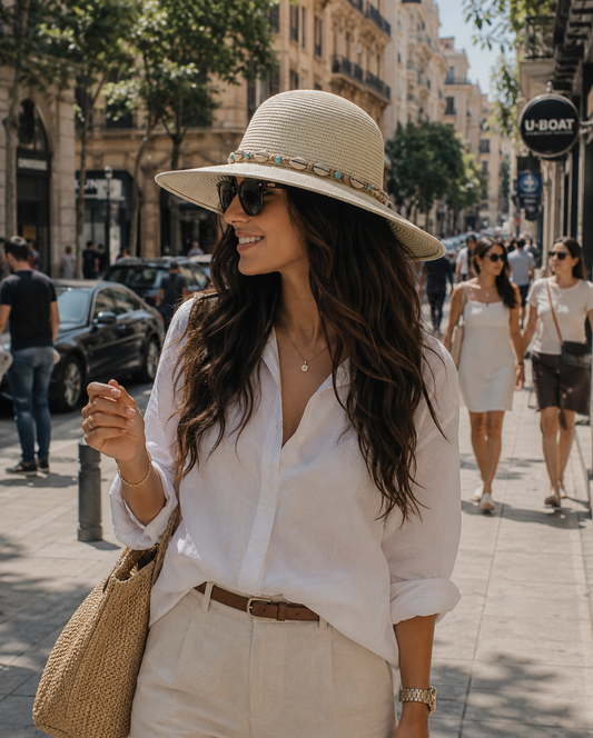 Boho-Chic Woven Sun Hat with Shell Details (White)