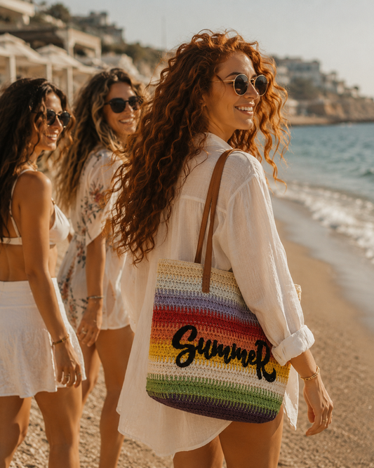 Vibrant Horizon: Rainbow Striped Woven Summer Tote