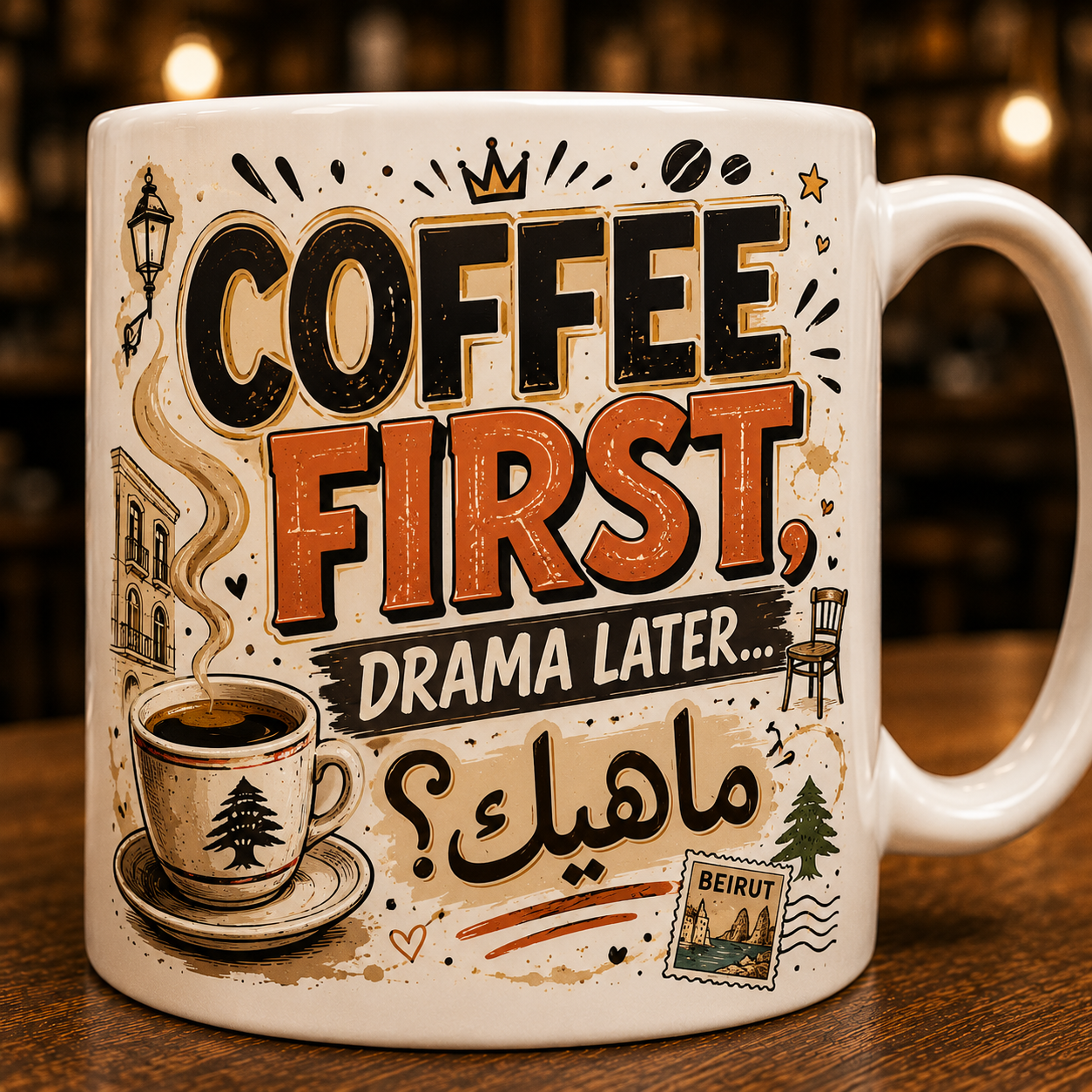 "Coffee First, Drama Later" Vintage Beirut Mug