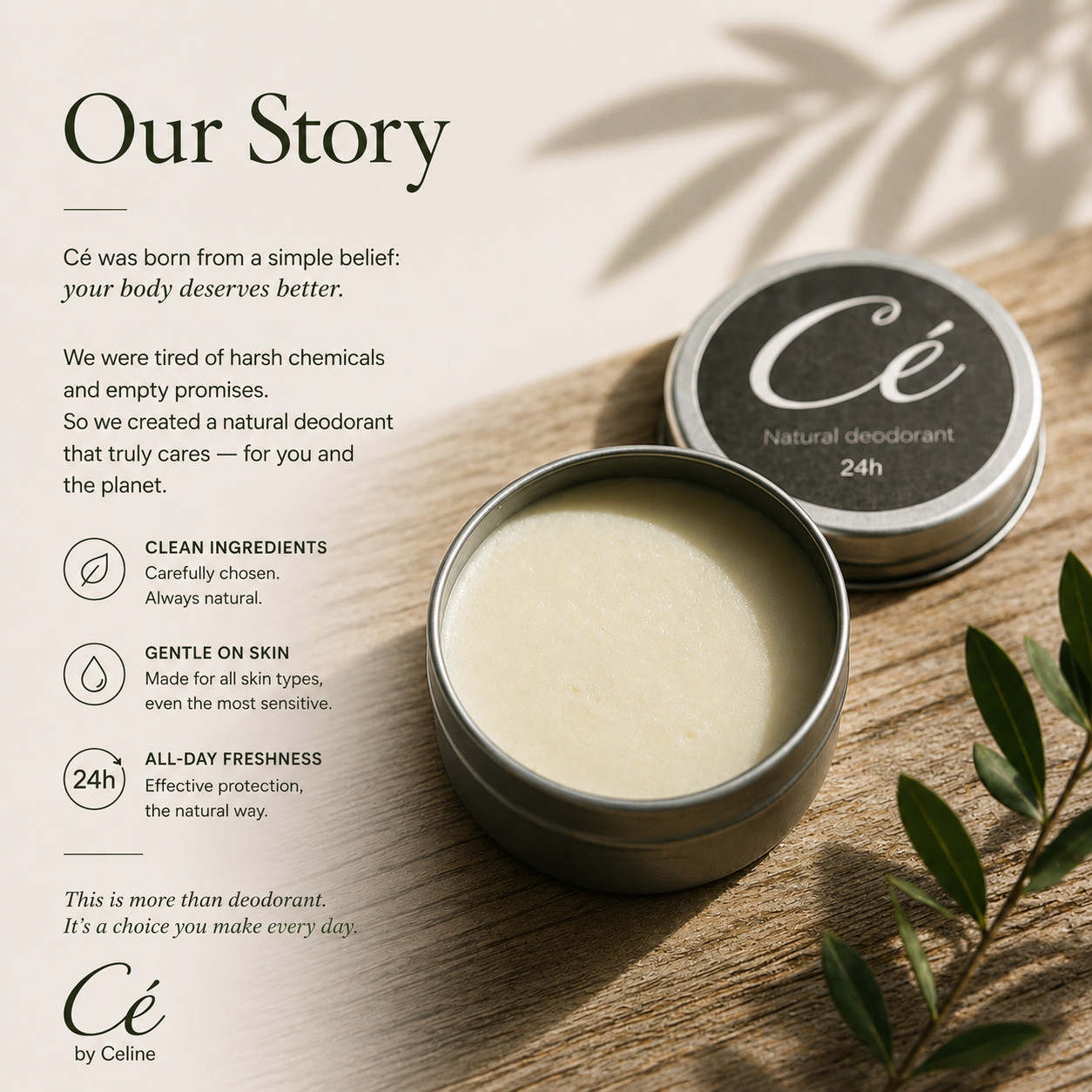 Cé Natural Deodorant, Clean Fresh (50ml)