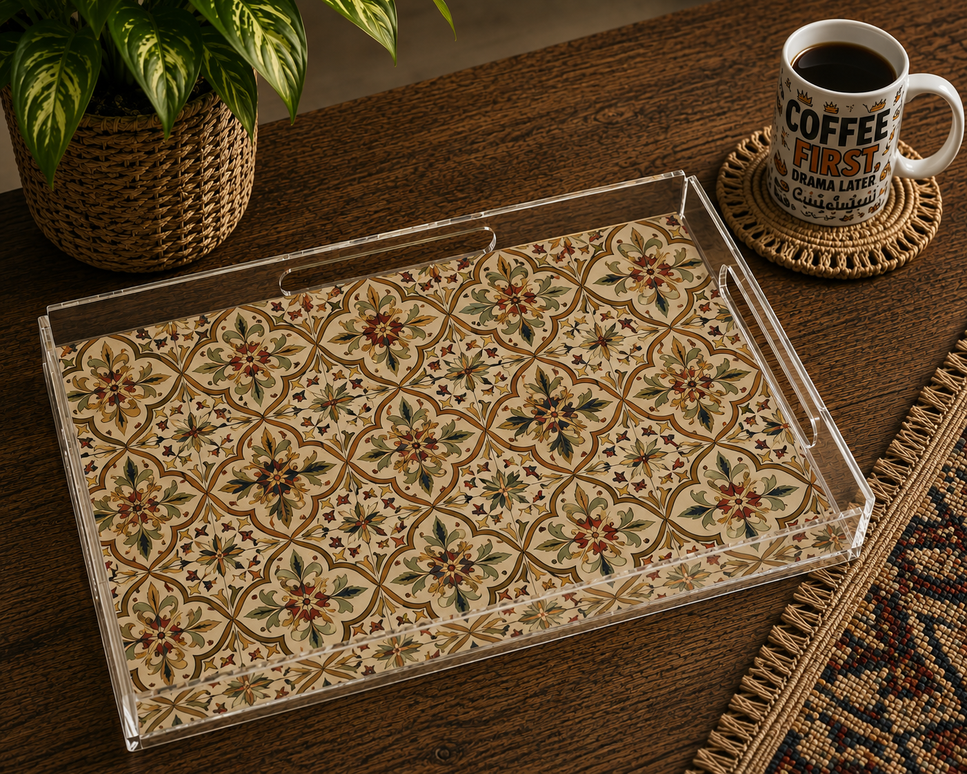 The "Lebanese Mornings" Acrylic Serving Tray – Heritage Tile Edition in Ochre & Sage (26cm x 18cm)