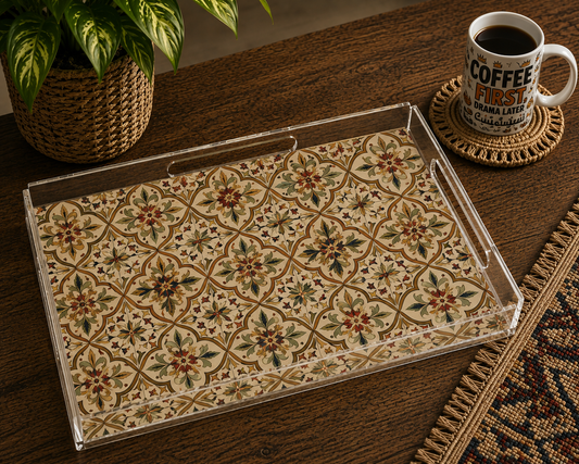 The "Lebanese Mornings" Acrylic Serving Tray – Heritage Tile Edition in Ochre & Sage (26cm x 18cm)