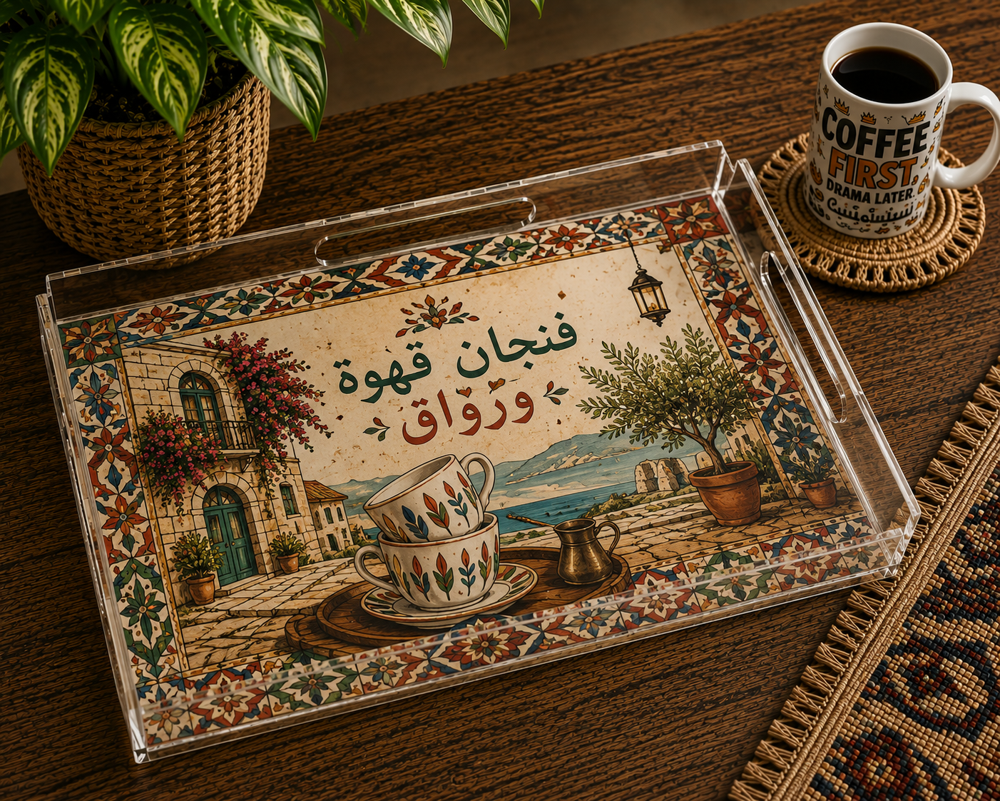 The "Lebanese Mornings" Acrylic Serving Tray – Finjan & Rawa2 Edition (26cm x 18cm)