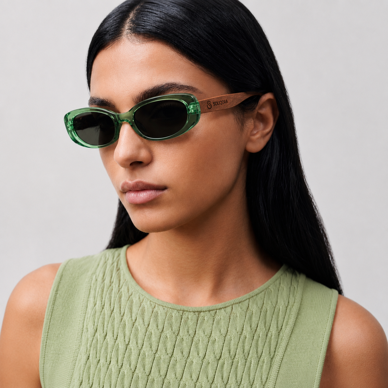 Retro Cat-Eye Bamboo Sunglasses - Polarized/Transparent Green UV400 Protection (C3)