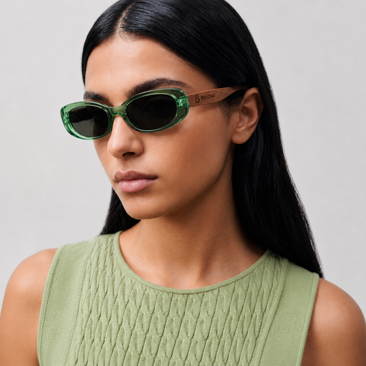 Retro Cat-Eye Bamboo Sunglasses - Polarized/Transparent Green UV400 Protection (C3)