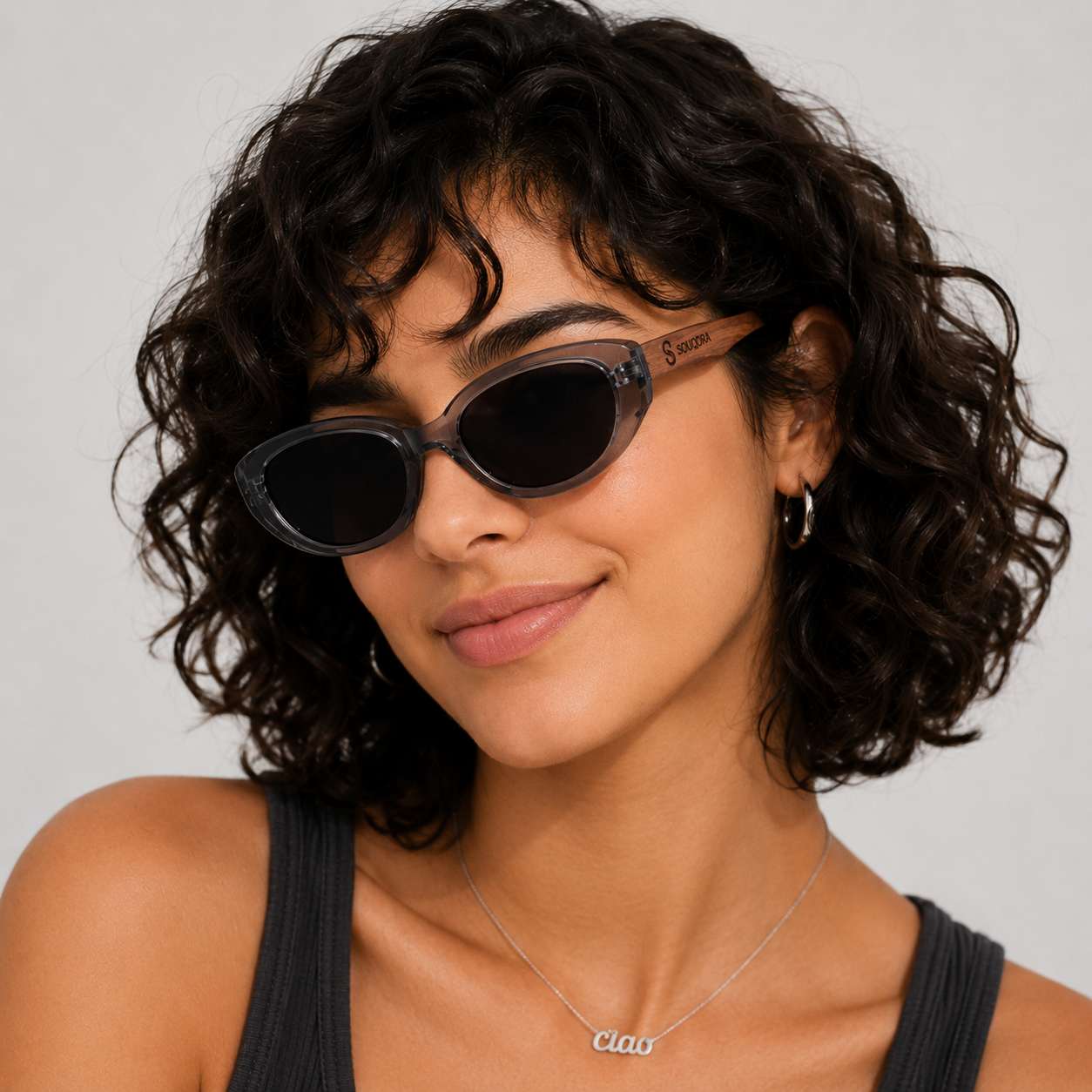 Souqora Retro Cat-Eye Bamboo Sunglasses - Polarized/Transparent Grey UV400 Protection (C5)