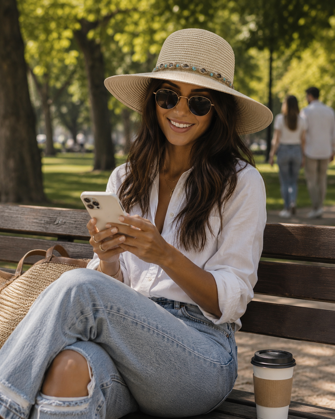 Boho-Chic Woven Sun Hat with Shell Details (Beige)