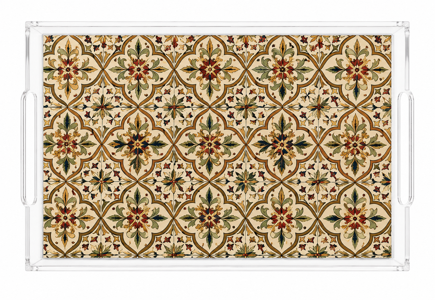 The "Lebanese Mornings" Acrylic Serving Tray – Heritage Tile Edition in Ochre & Sage (26cm x 18cm)