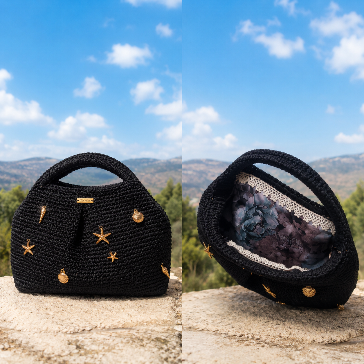 Noir Riviera Handmade Macramé Cotton Clutch - Coccinelle by Souqora