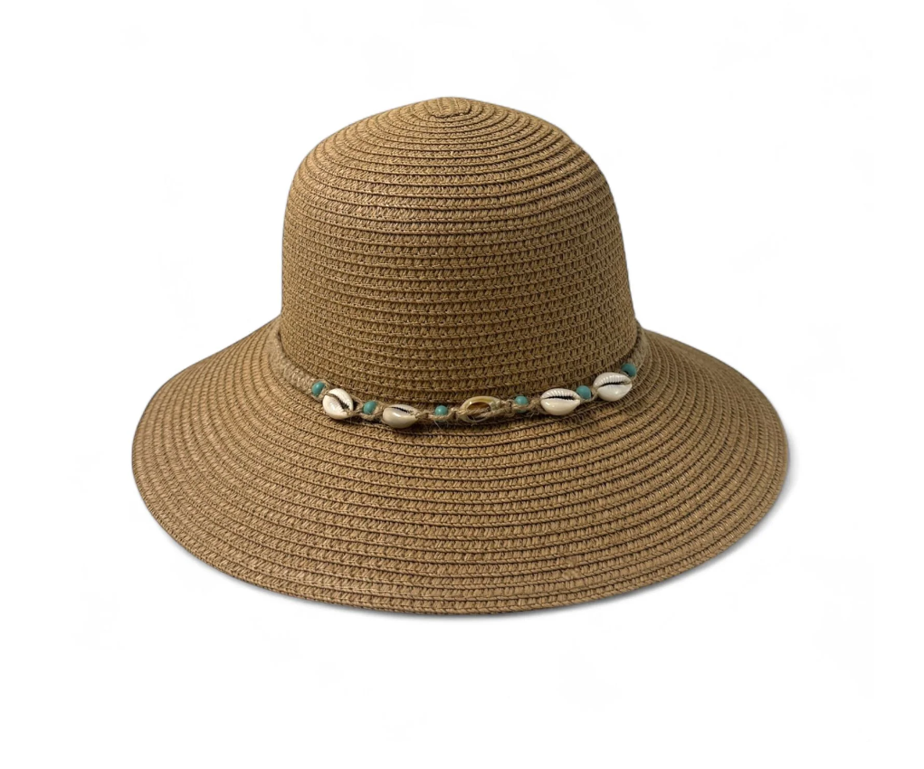 Boho-Chic Woven Sun Hat with Shell Details (Brown)