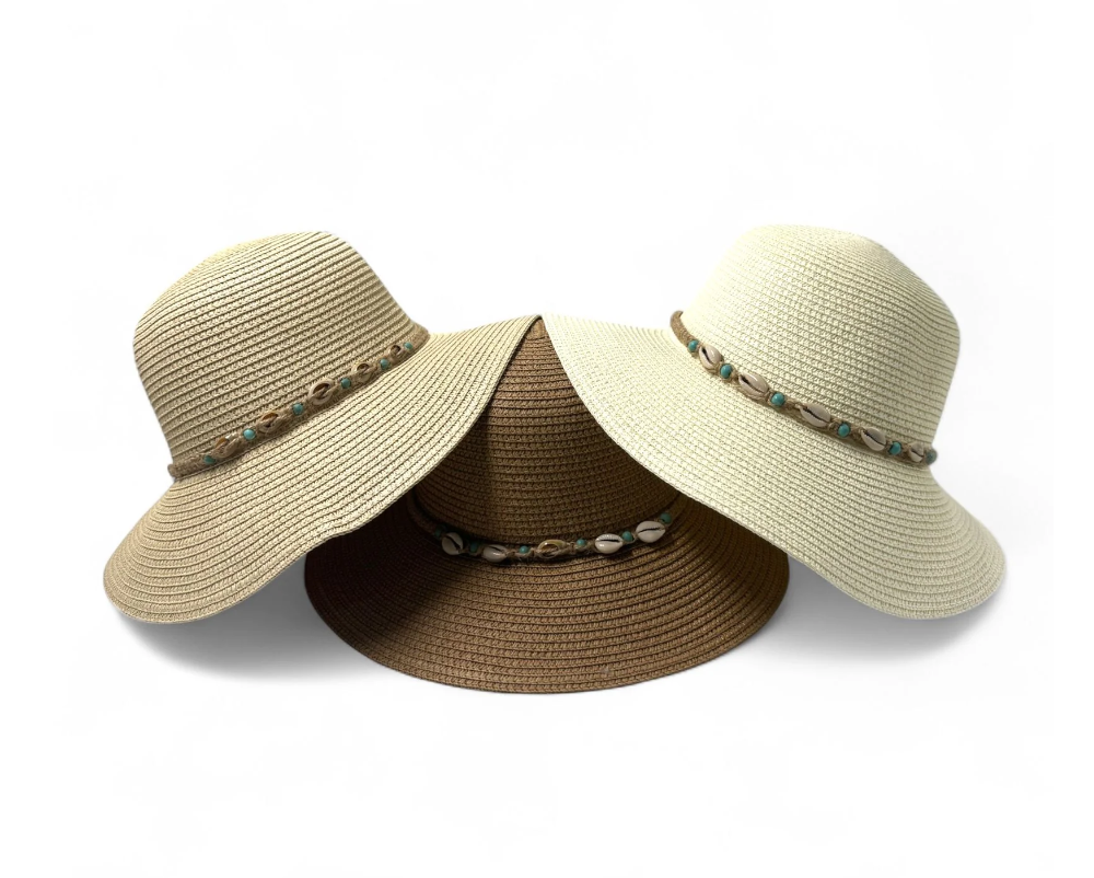 Boho-Chic Woven Sun Hat with Shell Details (Brown)