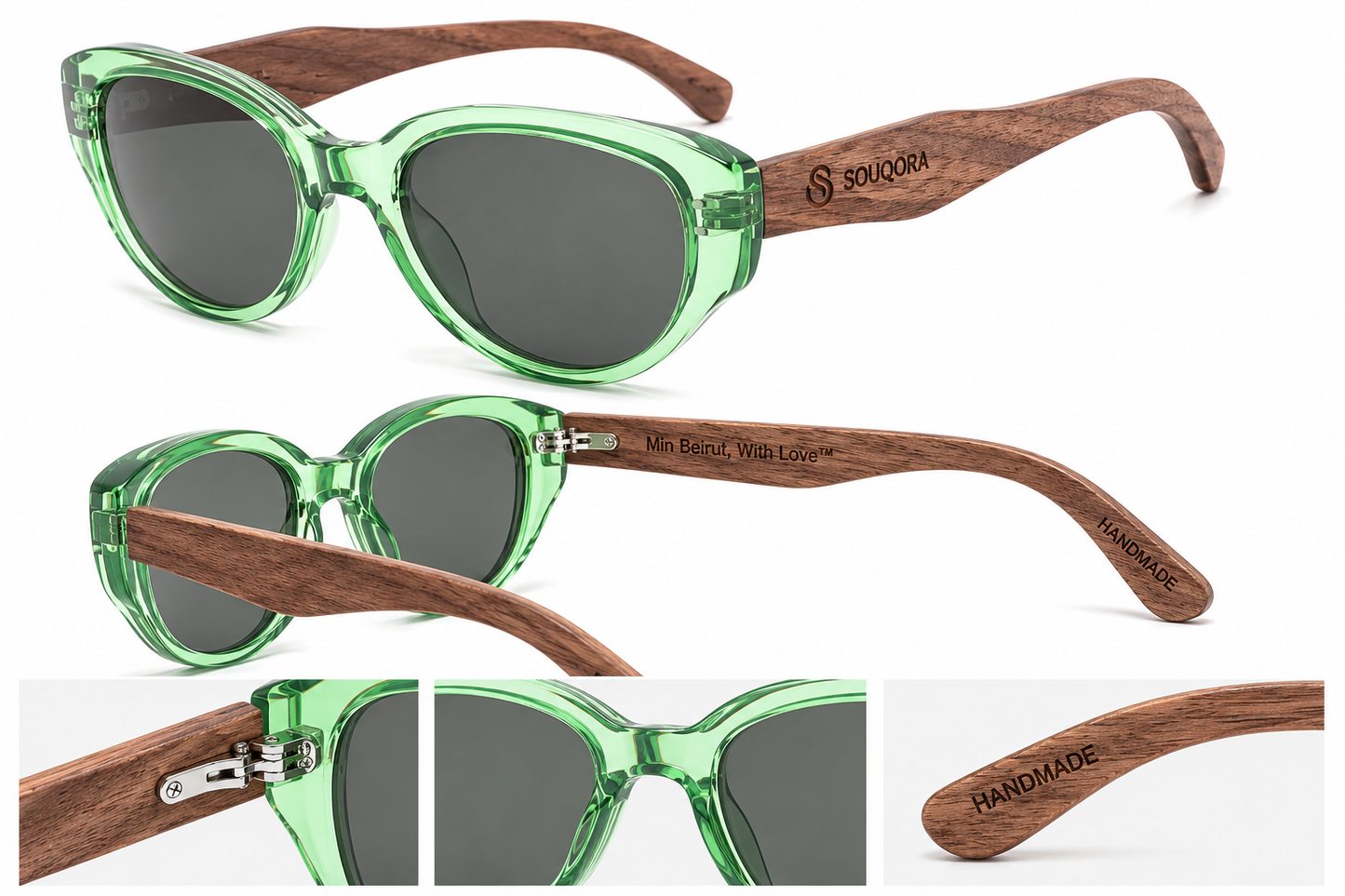 Souqora Retro Cat-Eye Bamboo Sunglasses - Polarized/Transparent Green UV400 Protection (C3)