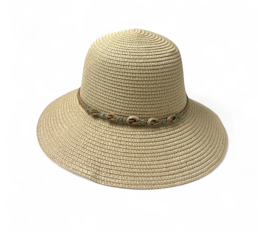 Boho-Chic Woven Sun Hat with Shell Details (Beige)