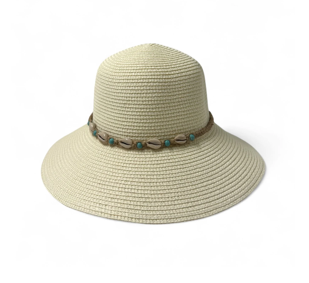 Boho-Chic Woven Sun Hat with Shell Details (White)