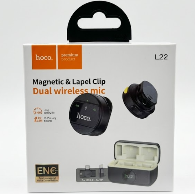 Hoco L22 Dual Wireless Microphone System – Magnetic & Lapel Clip with ENC Noise Cancellation