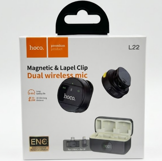 Hoco L22 Dual Wireless Microphone System – Magnetic & Lapel Clip with ENC Noise Cancellation