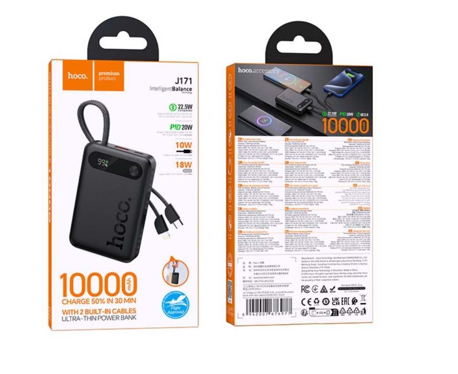 hoco. J171 10000mAh Ultra-Thin Power Bank – 22.5W Fast Charge with 2 Built-in Cables – Flight Approved